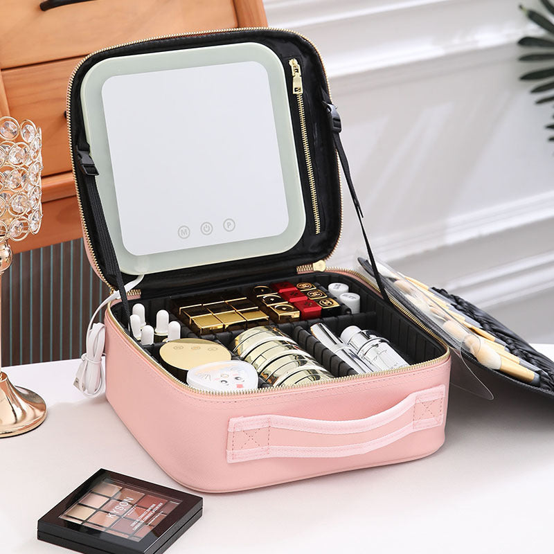 Sac de rangement de maquillage LED portable avec miroir