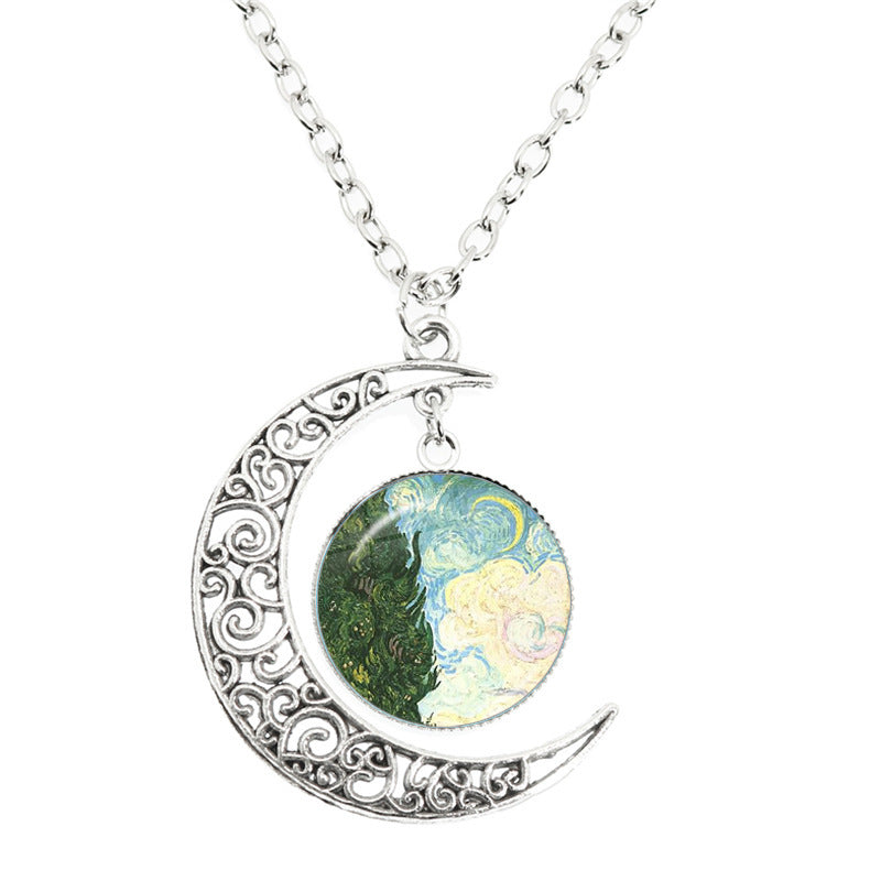 Van Gogh Starry Night Painting Moon Necklace Glass Round