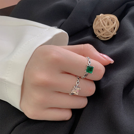 Anillo de gema con apertura torcida de estilo frío personalizado de plata de ley con cadena Vintage de moda Ins