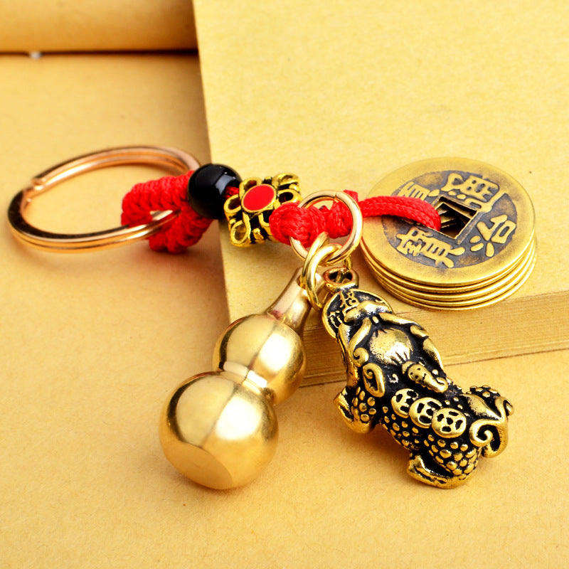 Brass Gourd Zodiac Keychain Vintage Pi Xiu Pendant Qing Dynasty Five Emperors' Coins Free Cinnabar Small Jewelry Factory Wholesale