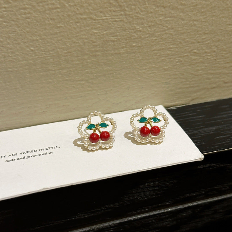 S925 Silver Needle Red Cherry Pearl Earrings Female