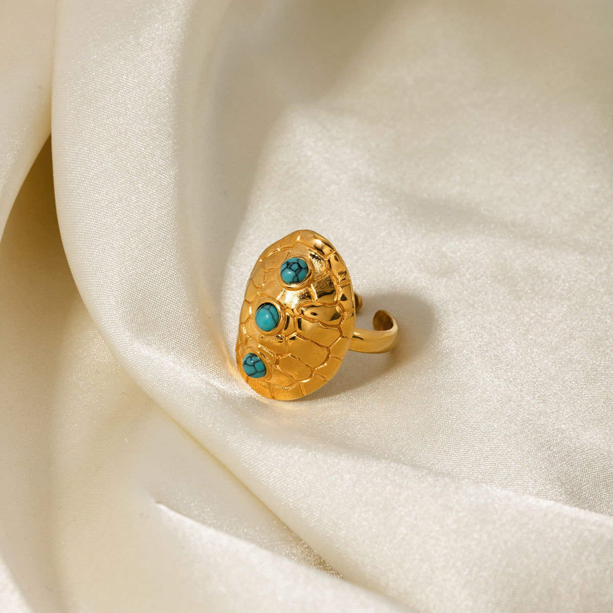Anillo de apertura de caparazón de tortuga turquesa con incrustaciones de acero inoxidable
