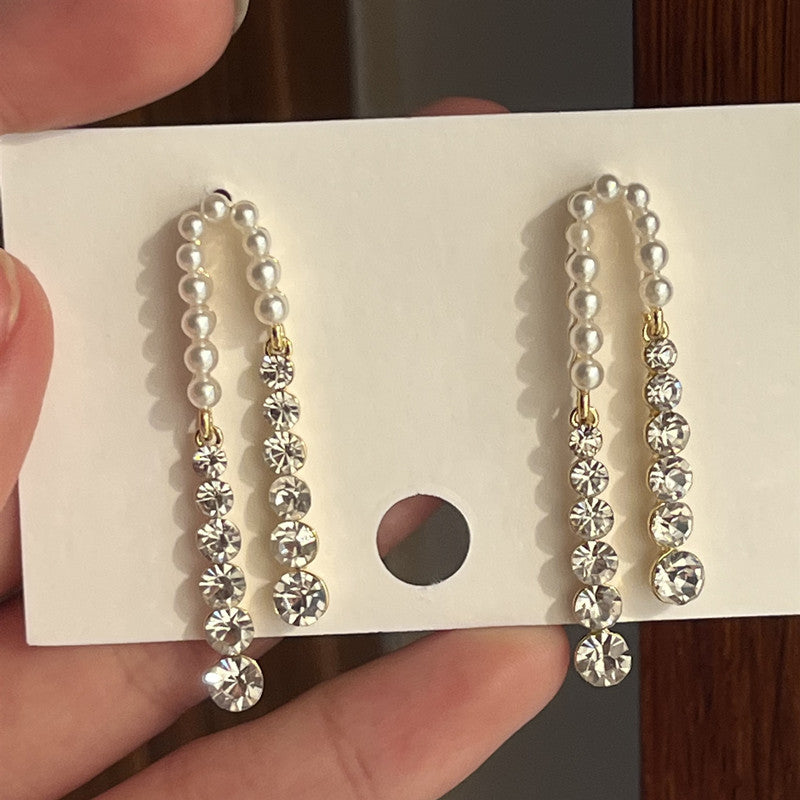 Pendientes de borla con diamantes de imitación y perlas de aguja, aretes ligeros de lujo con circonita, elegantes, con costura de celebridades de Internet