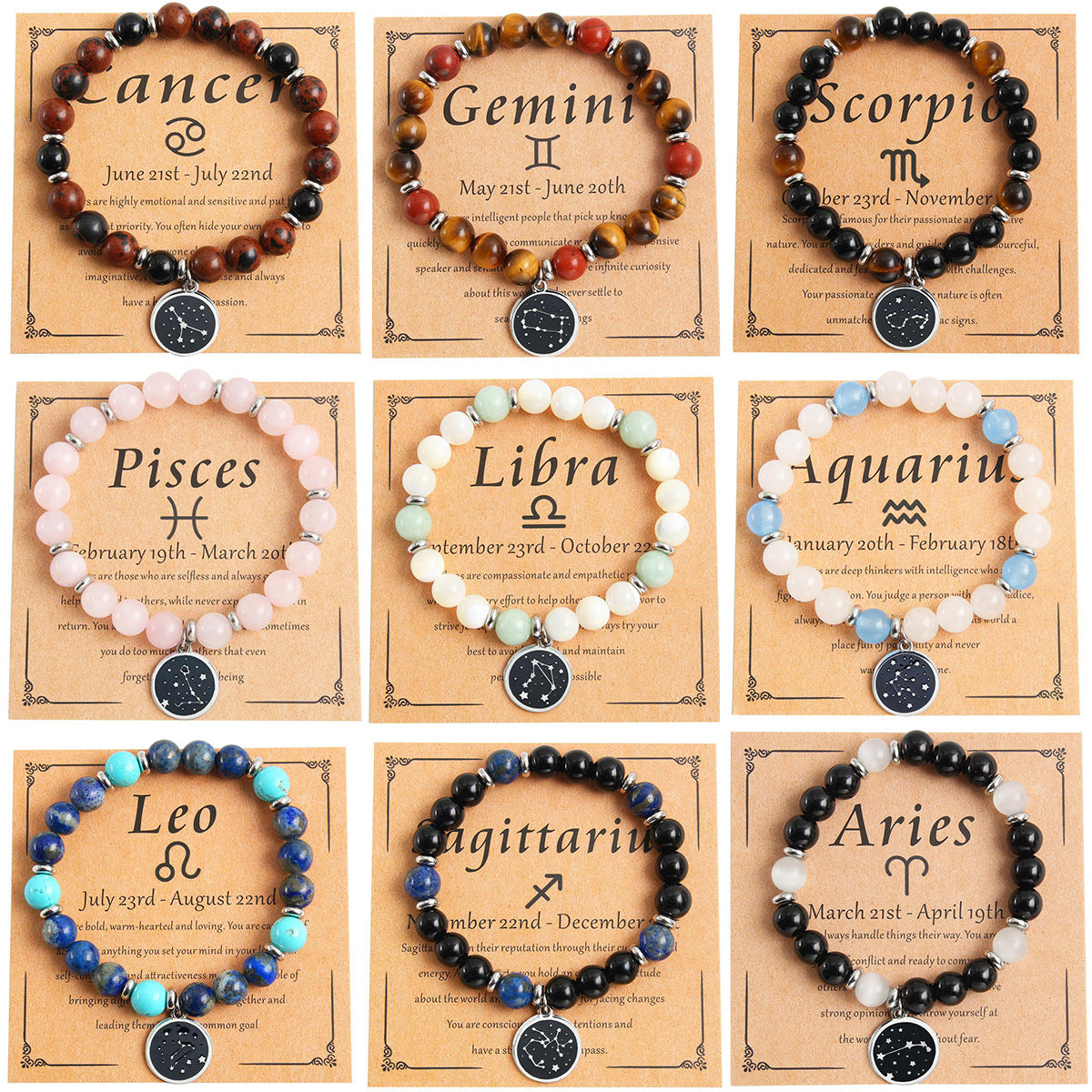 Bracelet rond en perles de pierre naturelle, pendentif rond en acier inoxydable, douze constellations