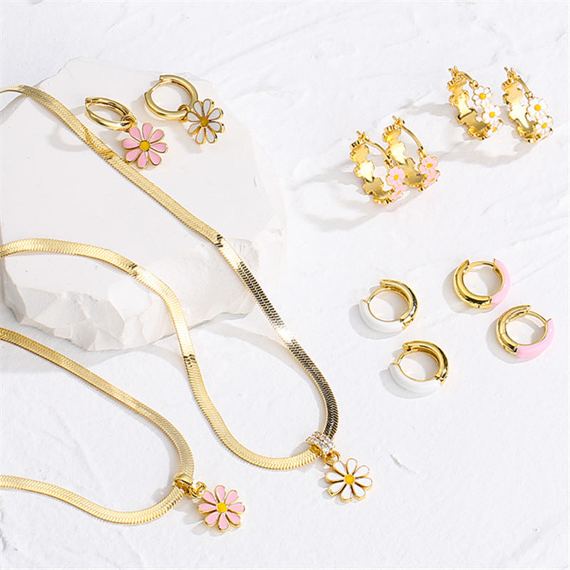 Collier de boucles d'oreilles en forme de goutte d'huile, petit chrysanthème