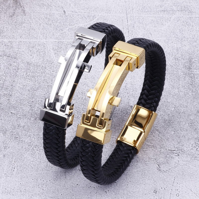 Bracelet en cuir géométrique en acier inoxydable pour hommes, personnalité de la mode