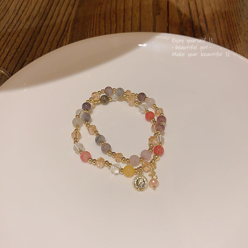 Bracelet double couche rond avec portrait de perles baroques rétro