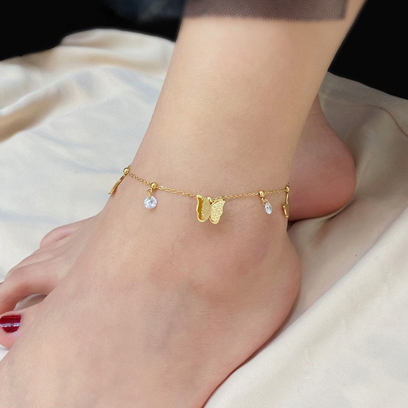 Bracelet de cheville papillon doré 18 carats plaqué en acier titane sans décoloration