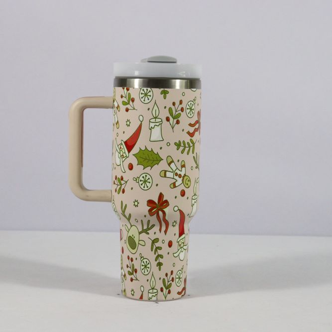 Tasse à motif de noël avec couvercle et poignée, verres en paille, gobelet sous vide en acier inoxydable, grande capacité, tasse à café de voyage en voiture, nouvelle collection