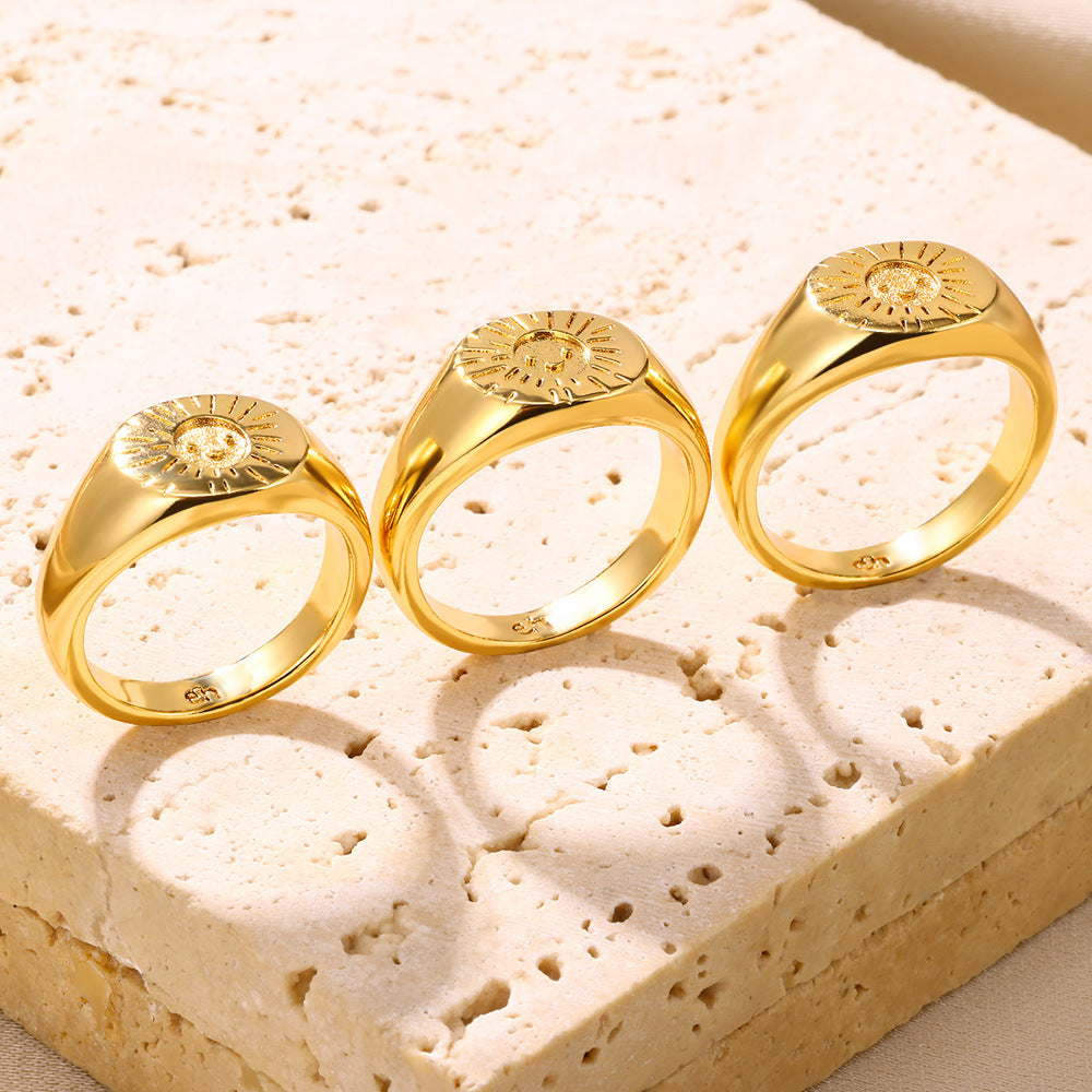 18K Smiling Face Sun Light Ring Simple Retro