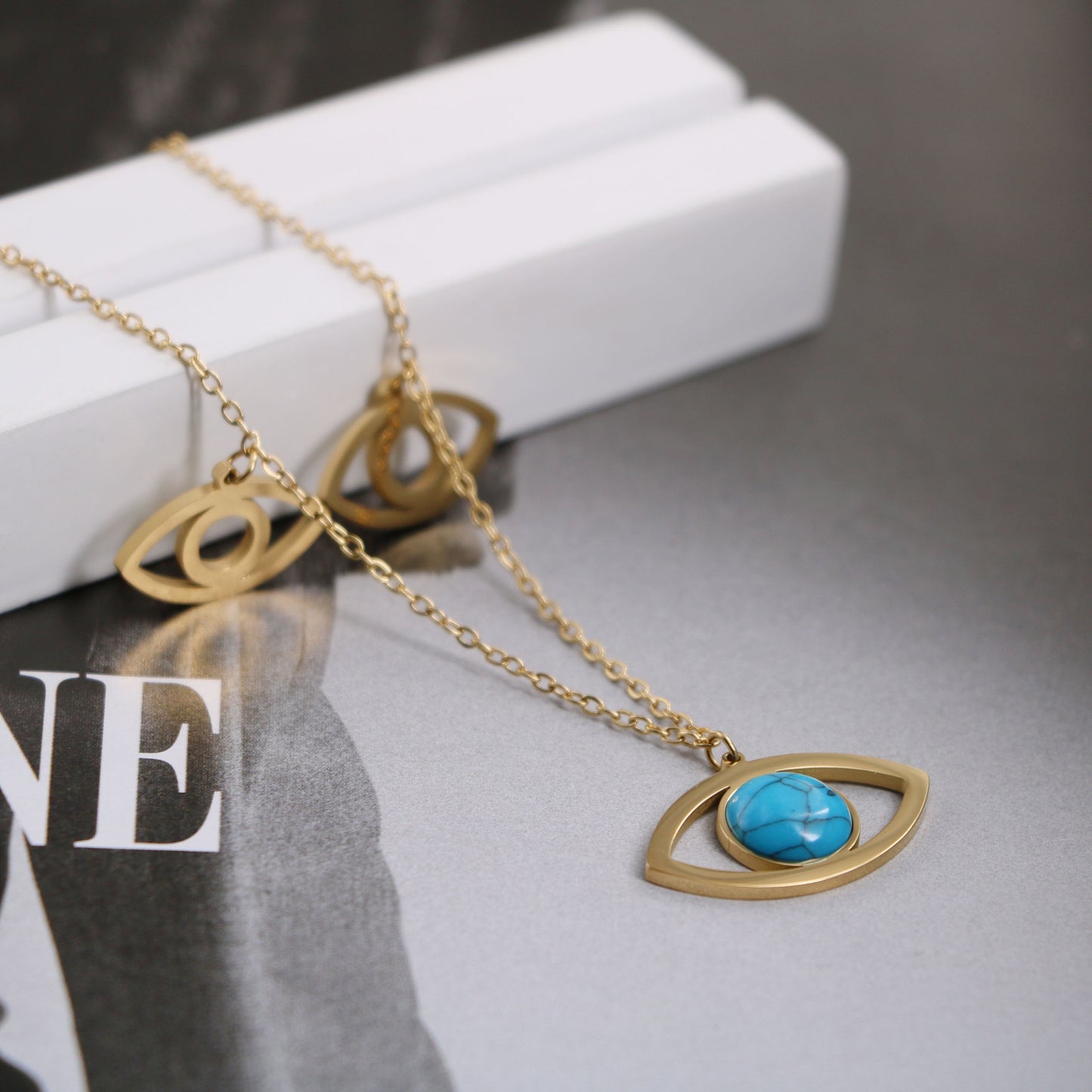 Decoration Titanium Steel 18K Gold Blue Turquoise Devil's Eye Element Necklace Female Special-interest Design Twin Style