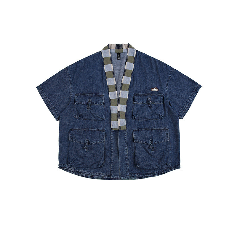 Summer New Chinese Style Multi-pocket Washed Robe Denim Coat
