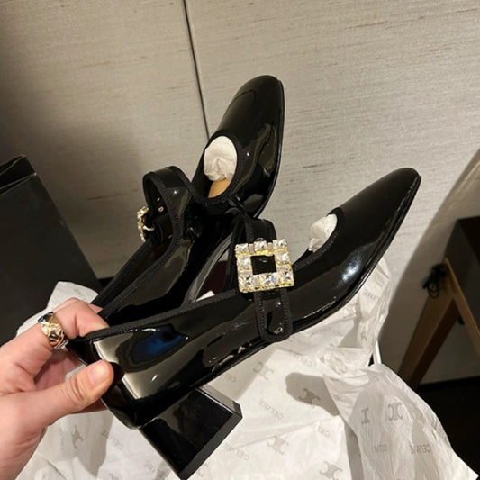 Strass Boucle Carrée Femmes Avec Chunky Talon Chaussures