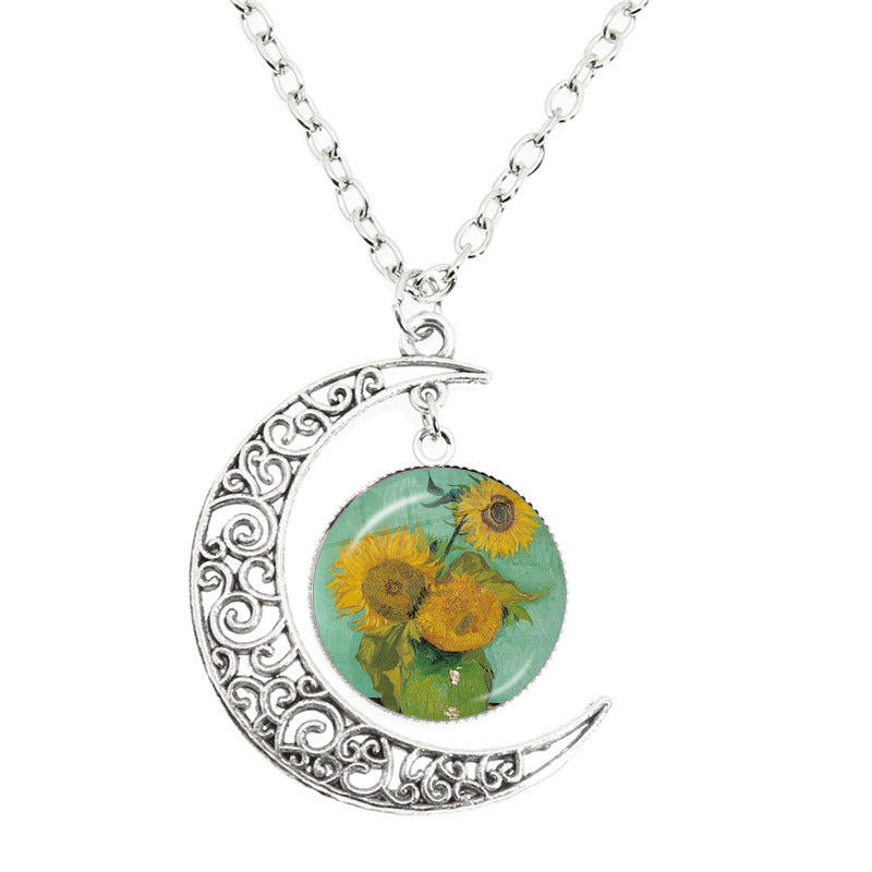 Van Gogh Starry Night Painting Moon Necklace Glass Round