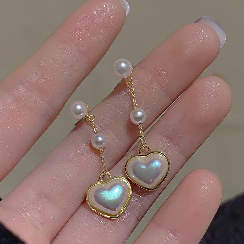 Boucles d'oreilles en argent Sterling avec perles et cœur, aiguille, conception de pompon en forme de cœur de pêche pour femme