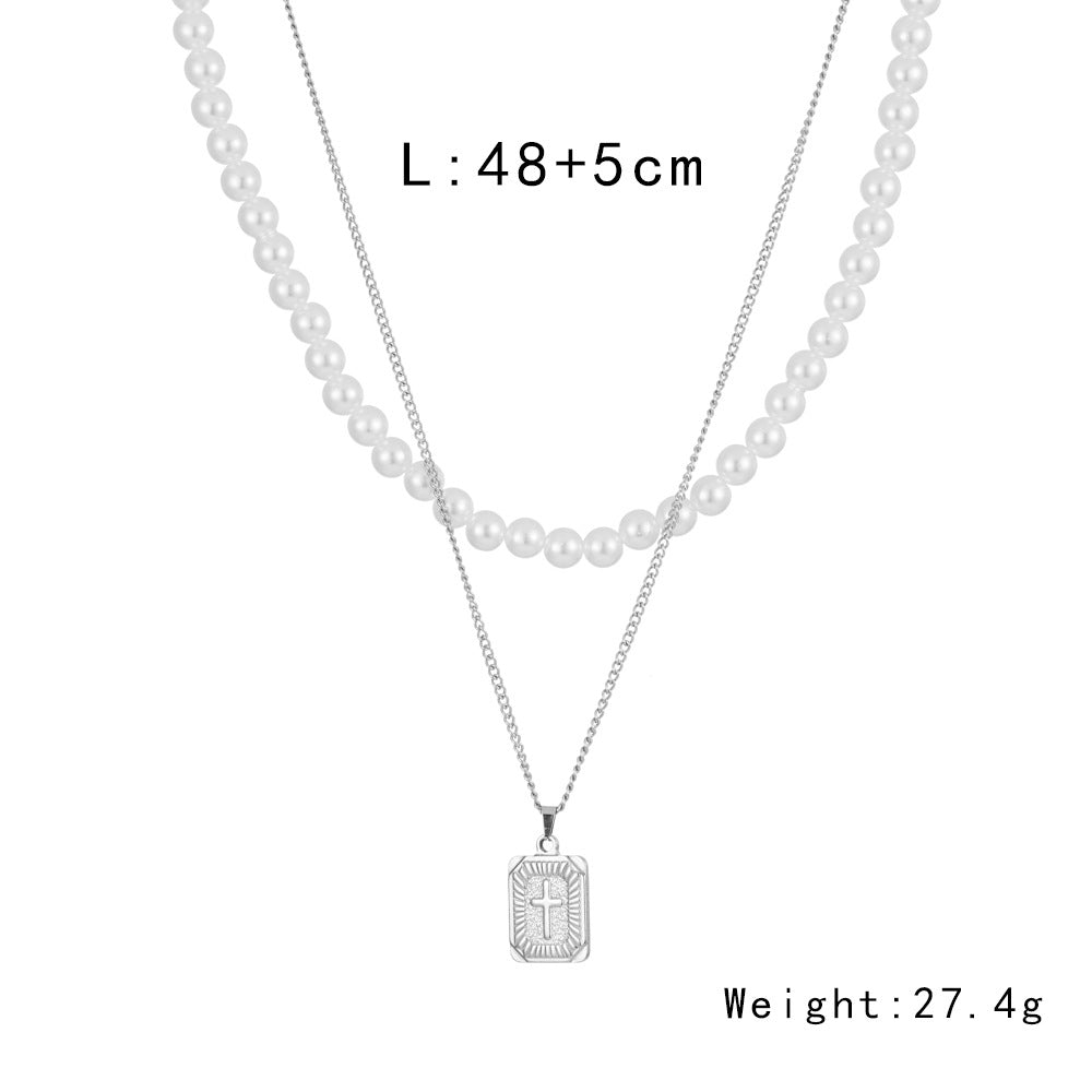 Collar con colgante de perlas de doble capa de acero inoxidable, todo fósforo, a la moda, para hombre