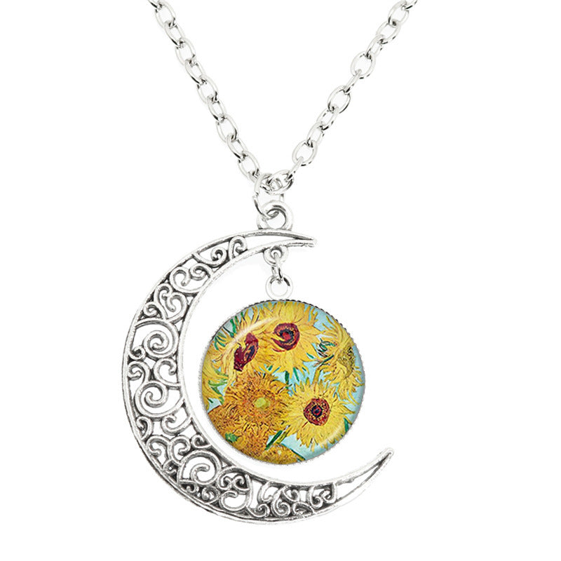Van Gogh Starry Night Painting Moon Necklace Glass Round