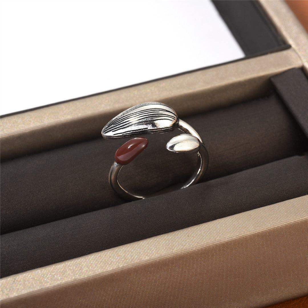 Personality Trend Copper-plated Gold Color Matching Dark Red Drip Glazed Adjustable Ring For Women