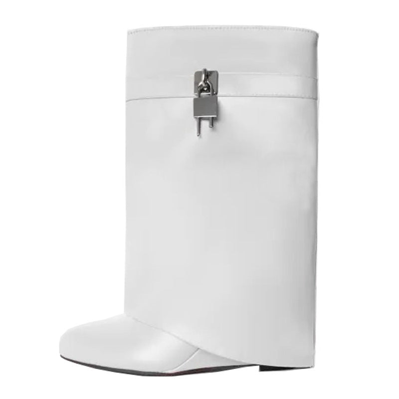 Botas de pantalones de cuña con cierre de metal y tacón alto en punta de tubo grande retro