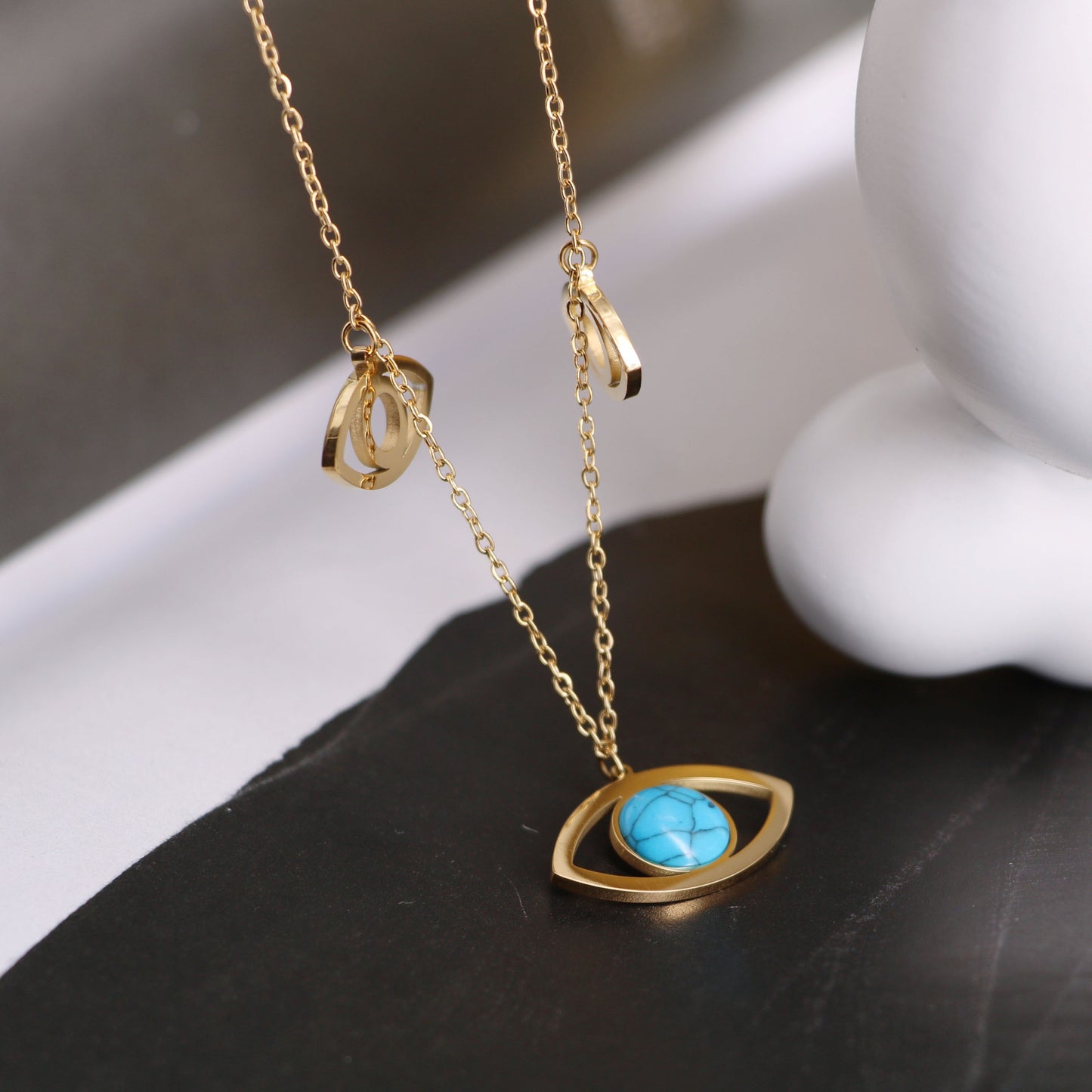 Decoration Titanium Steel 18K Gold Blue Turquoise Devil's Eye Element Necklace Female Special-interest Design Twin Style