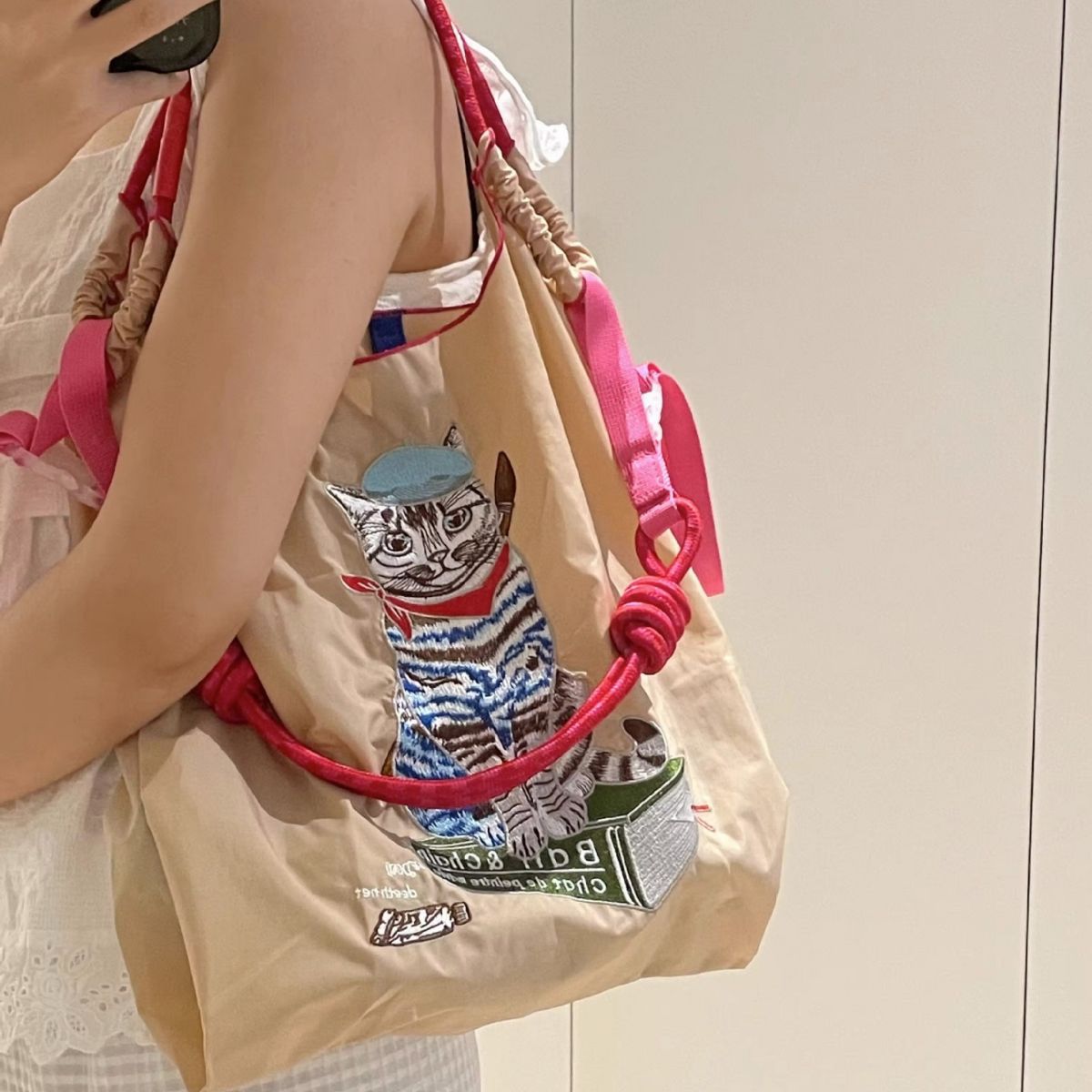 Bolsa de compras con bordado de gato de pintor japonés