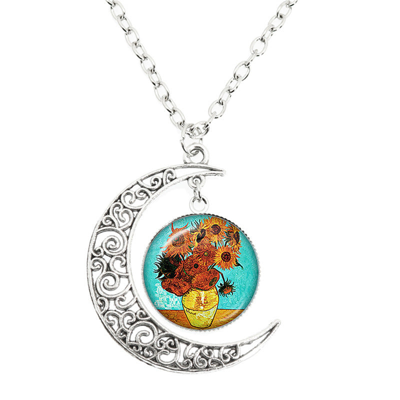 Van Gogh Starry Night Painting Moon Necklace Glass Round