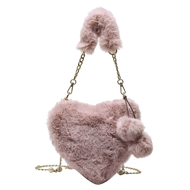 Women's Fashion Love Imitation Rex Rabbit Plush One-shoulder Crossbody Bag
