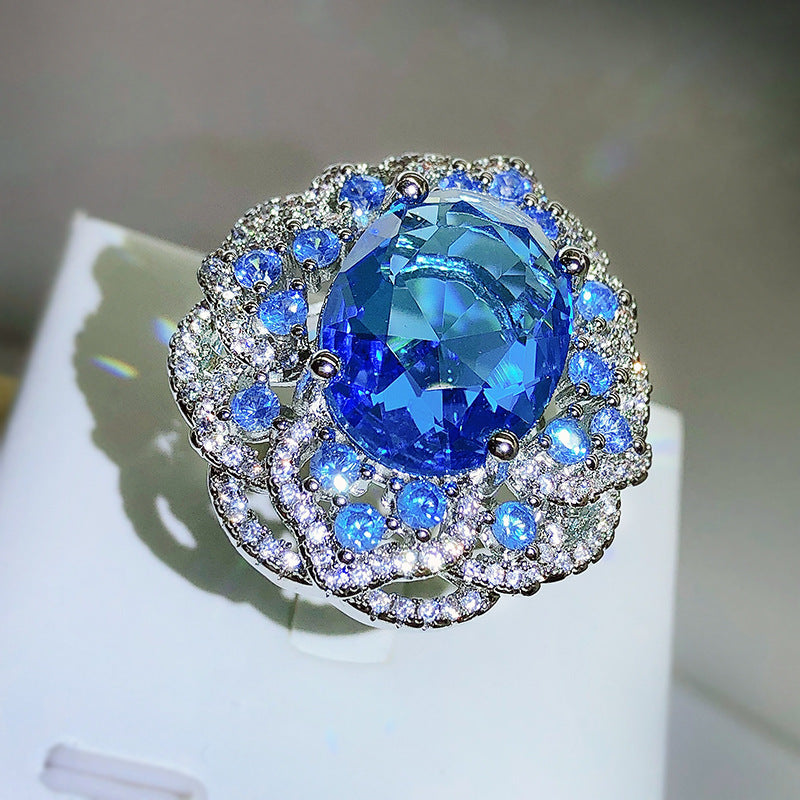 Artificial Ocean Blue Topaz Colored Gems Open Ring For Women