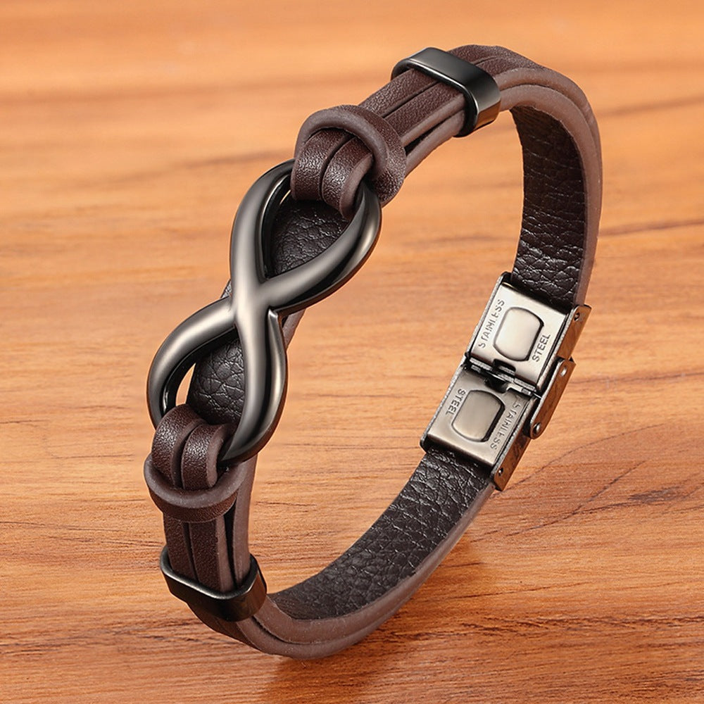 Men's Leather 8-word Stainless Steel Magnetic Snap Leather Bracelet