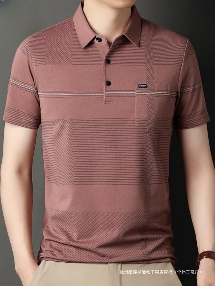 Men's Stripe Belt Lapel Short Sleeve Polo Shirt