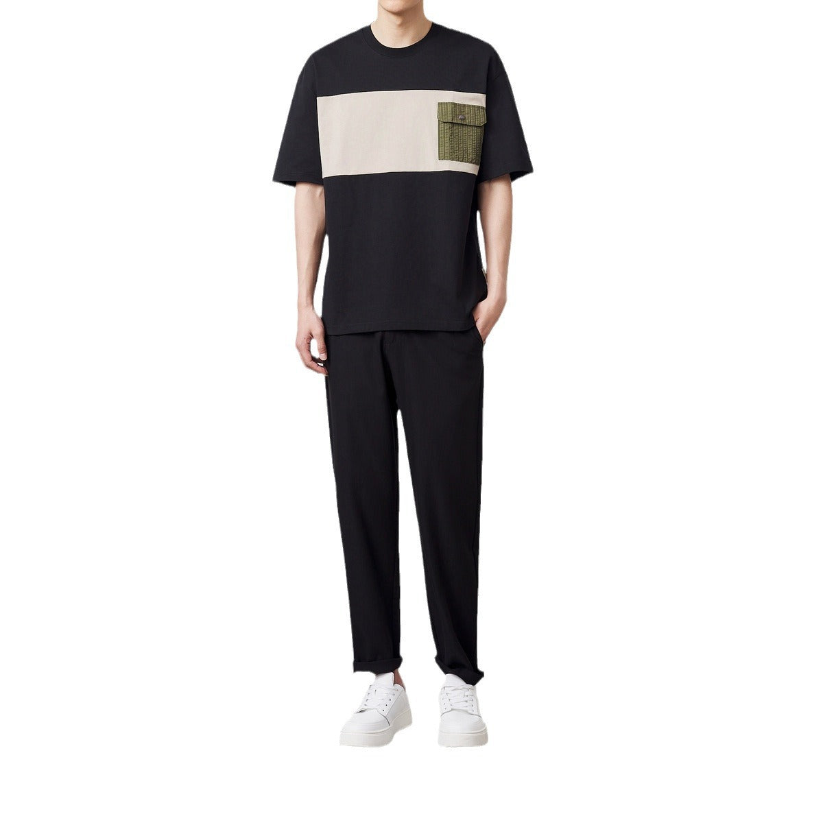 Combed Cotton Short-sleeved T-shirt Color Contrast Patchwork