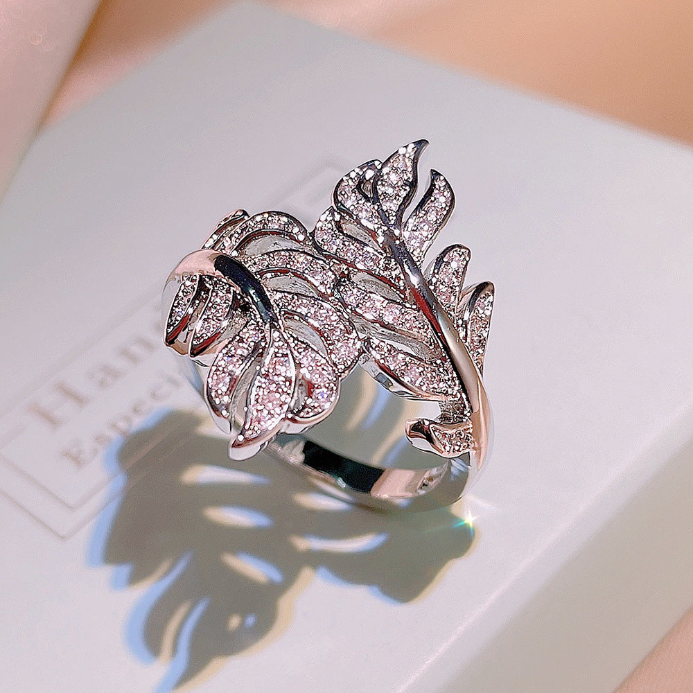 Zircon Ornament Ring Fashion Leaf Size Adjustable