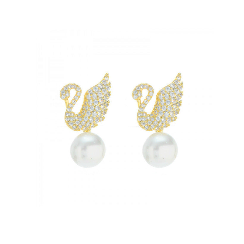 Boucles d'oreilles à tige en argent sterling avec perles en forme de cygne coréen et de zircone