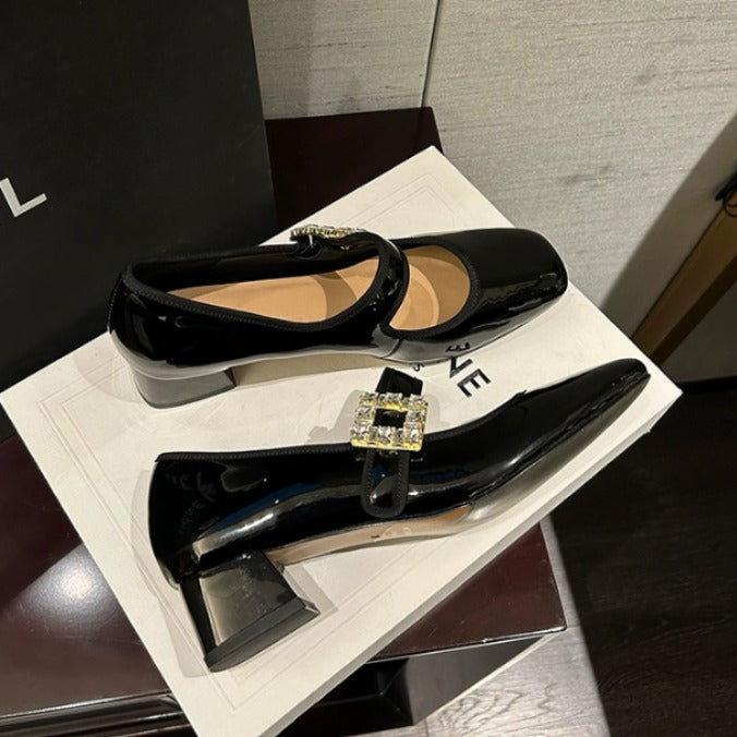 Strass Boucle Carrée Femmes Avec Chunky Talon Chaussures