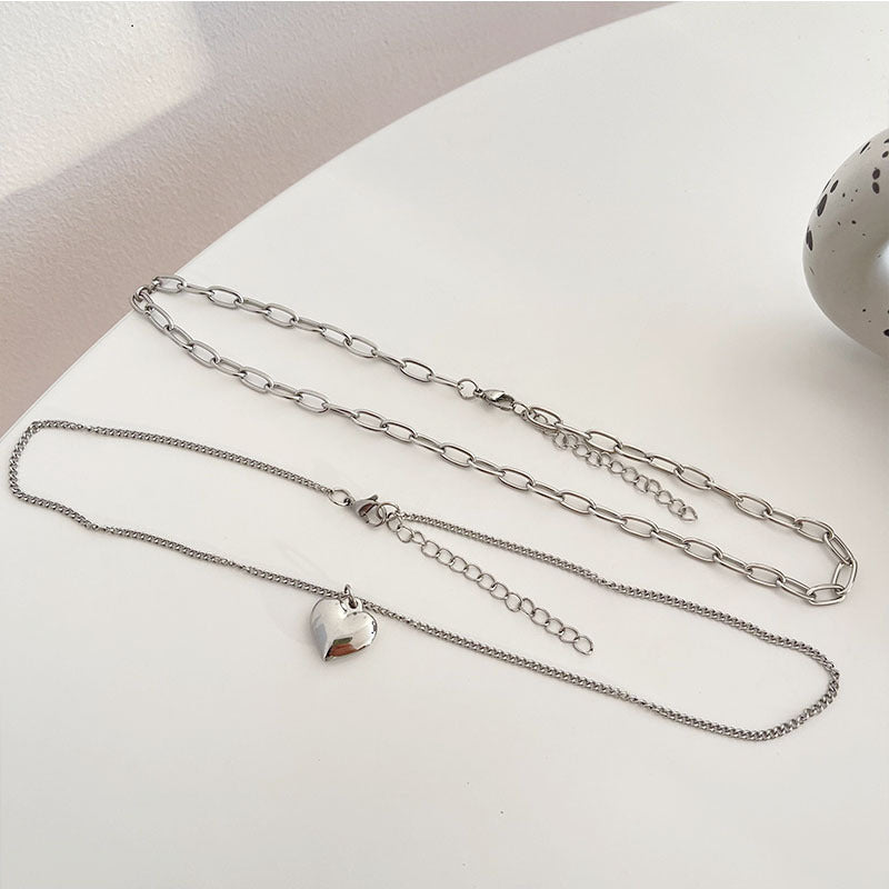 Collier simple en acier titane, double couche, double amour, style Ins