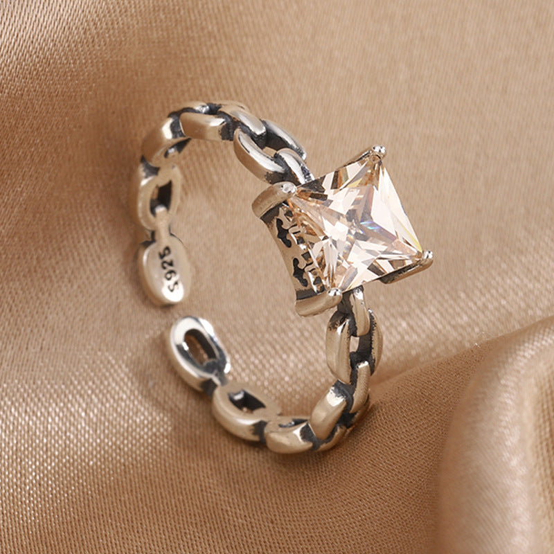 Anillo de gema con apertura torcida de estilo frío personalizado de plata de ley con cadena Vintage de moda Ins