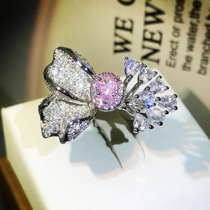 Bright Red Diamond Colored Gems Flower Ring Female Opening