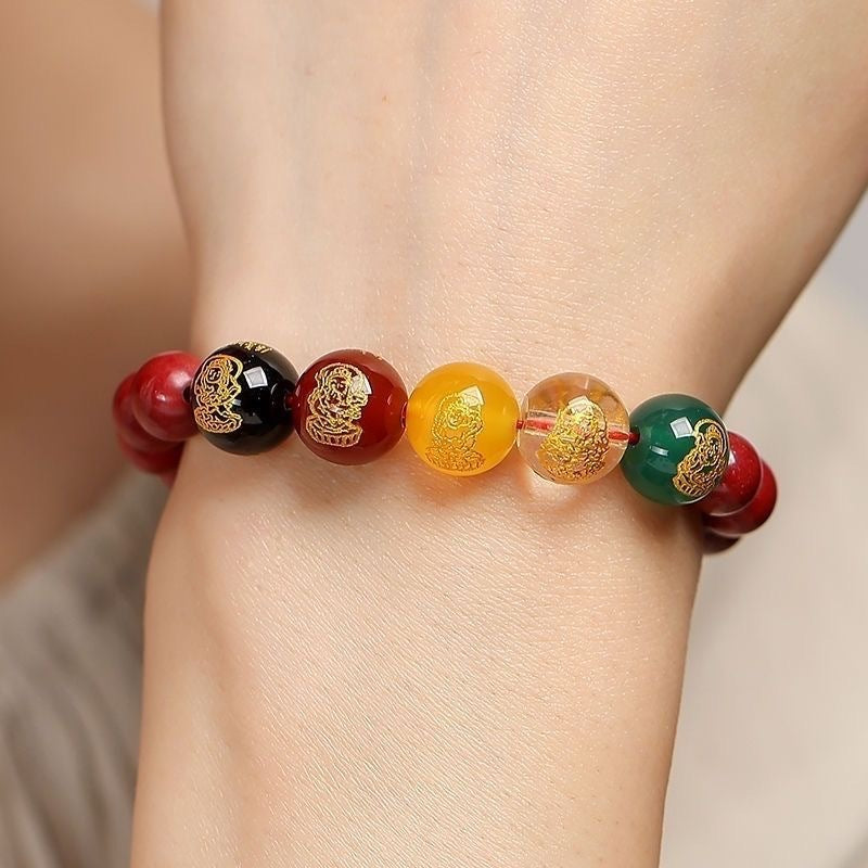 Bracelet Cinabre Naturel Cinq Dieux De La Richesse Or Violet