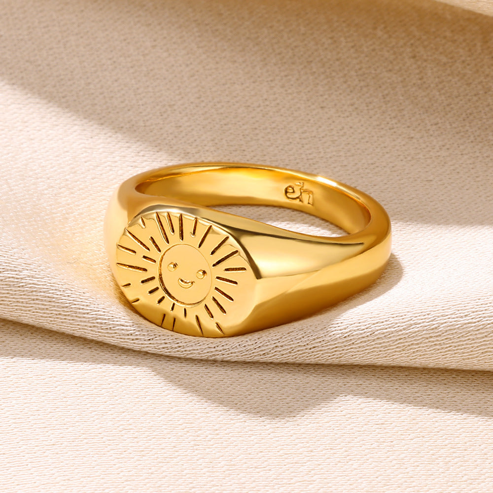 18K Smiling Face Sun Light Ring Simple Retro