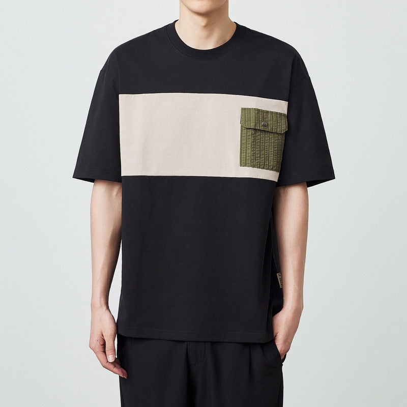Combed Cotton Short-sleeved T-shirt Color Contrast Patchwork