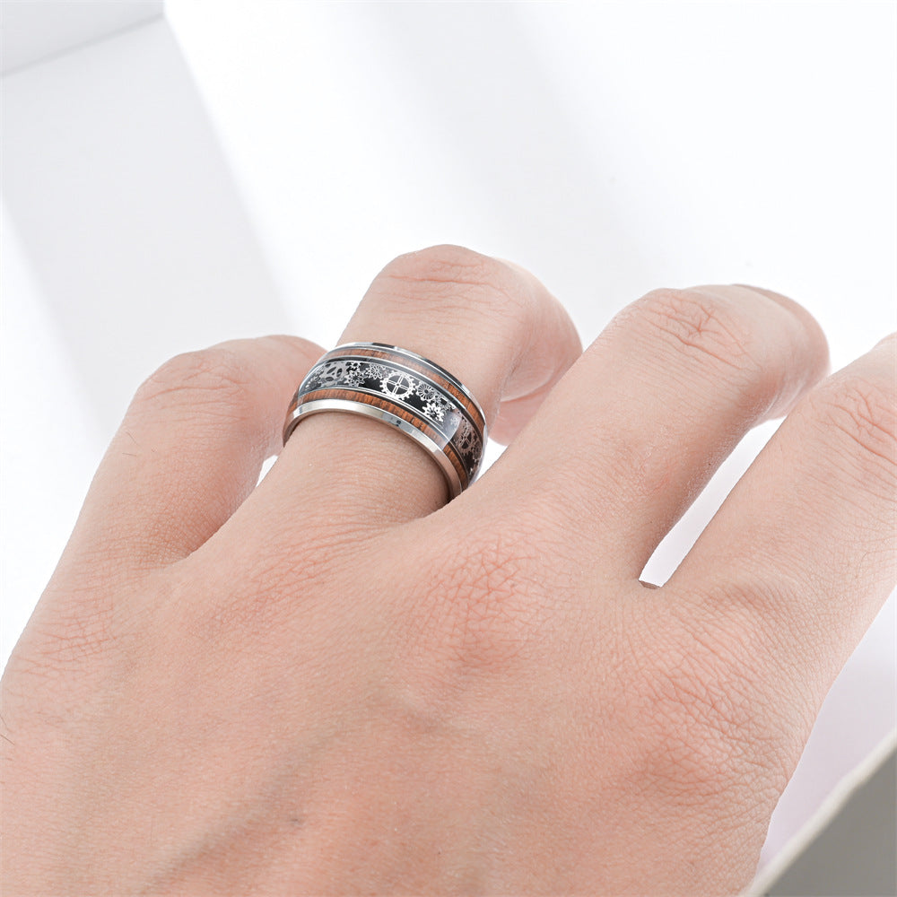 Fashion Special-interest 10MM Three-line Wood Grain Ring