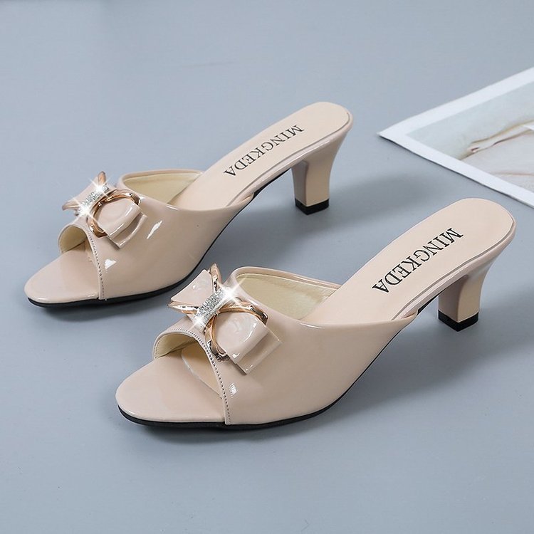 Summer New Stiletto Mid-heel Fish Mouth Bow Word Women's Slippers