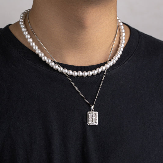 Collar con colgante de perlas de doble capa de acero inoxidable, todo fósforo, a la moda, para hombre