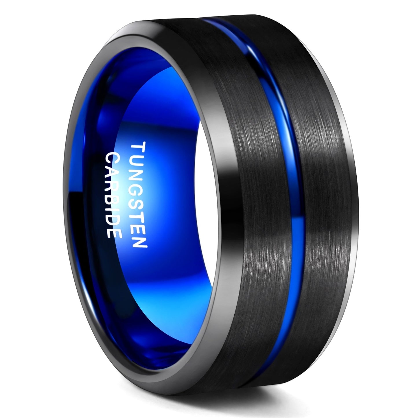 Anillo de tungsteno de superficie ancha con bisel y ranura de hombre de color azul