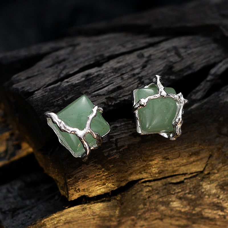 Nouveau Style chinois Simple S925 en argent Sterling perle carrée vert Aventurine boucles d'oreilles