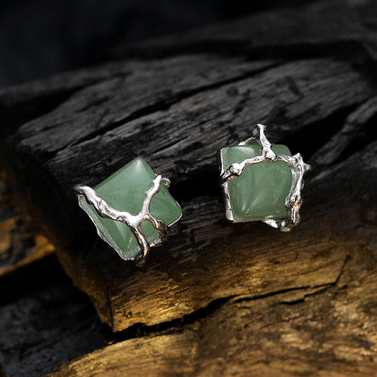 Nouveau Style chinois Simple S925 en argent Sterling perle carrée vert Aventurine boucles d'oreilles