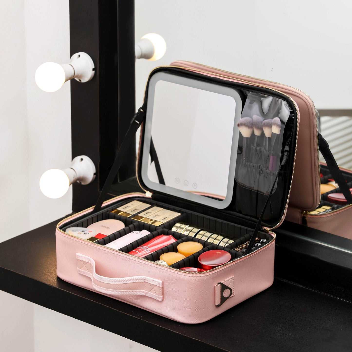 Sac de rangement de maquillage LED portable avec miroir