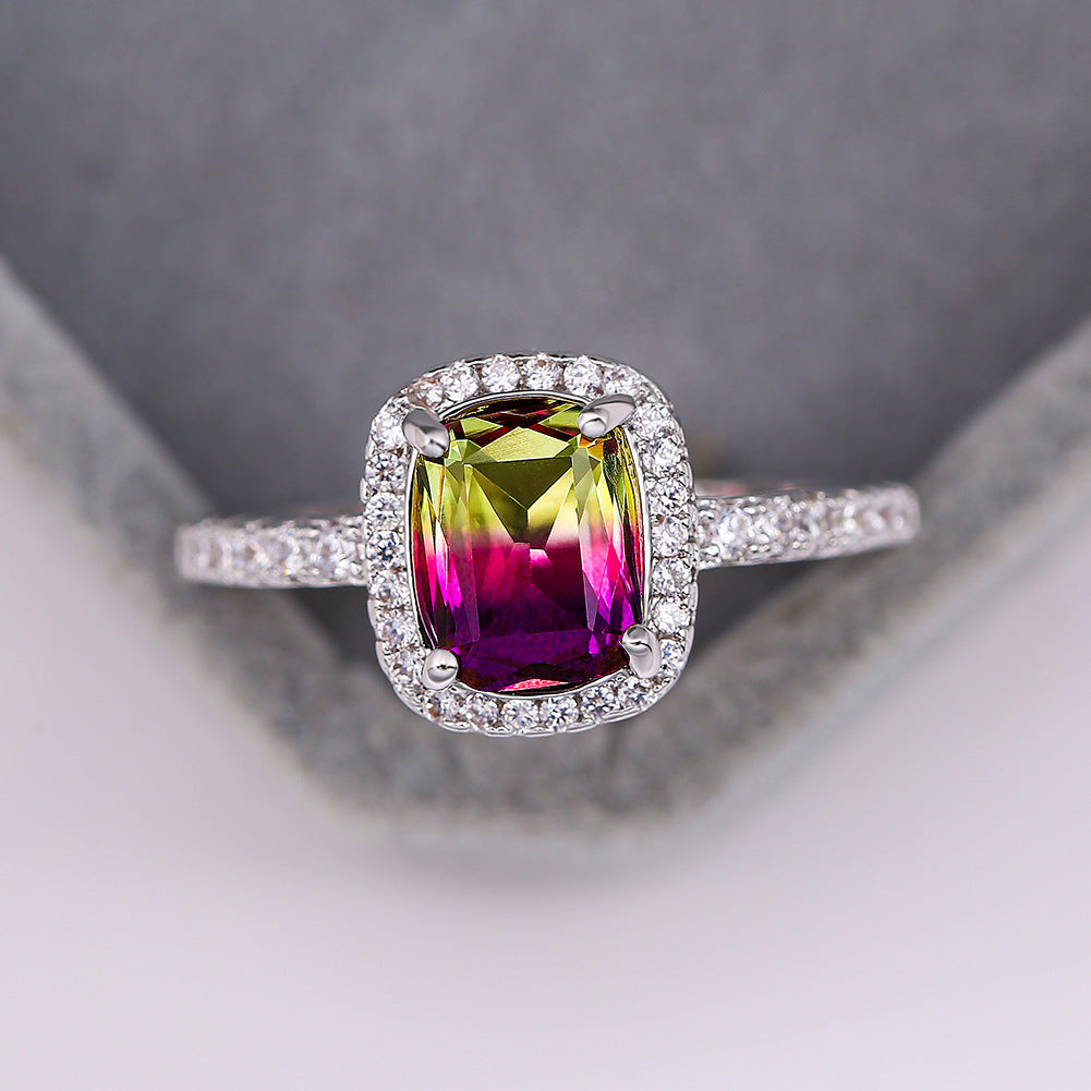 Anillo de ópalo de diamante rosa multicolor europeo y americano circonita con incrustaciones de moda Simple