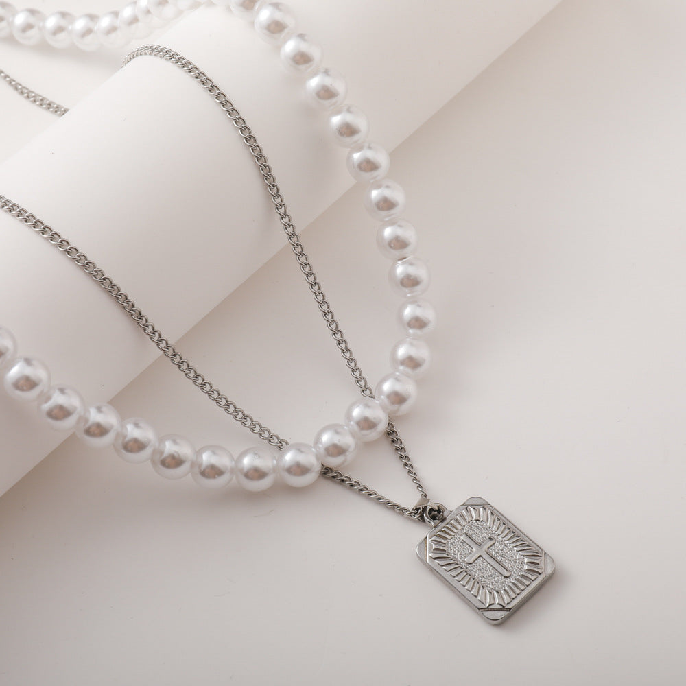 Collar con colgante de perlas de doble capa de acero inoxidable, todo fósforo, a la moda, para hombre