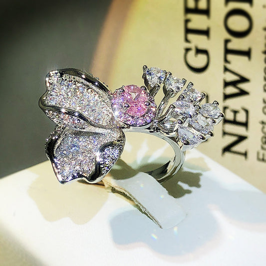 Bright Red Diamond Colored Gems Flower Ring Female Opening